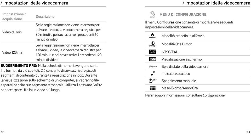 Se la registrazione non viene interrotta per salvare il video, la videocamera registra per Video 120 min 120 minuti e poi sovrascrive i precedenti 120 minuti di video.