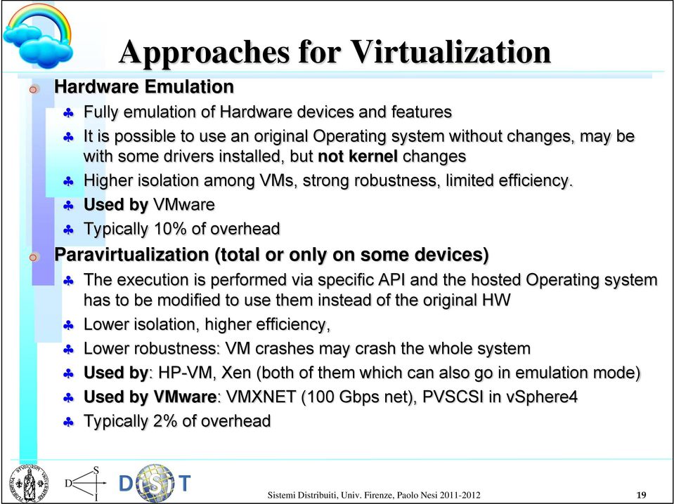 Used by VMware Typically 10% of overhead Paravirtualization (total or only on some devices) The execution is performed via specific API and the hosted Operating system has to be modified to use them