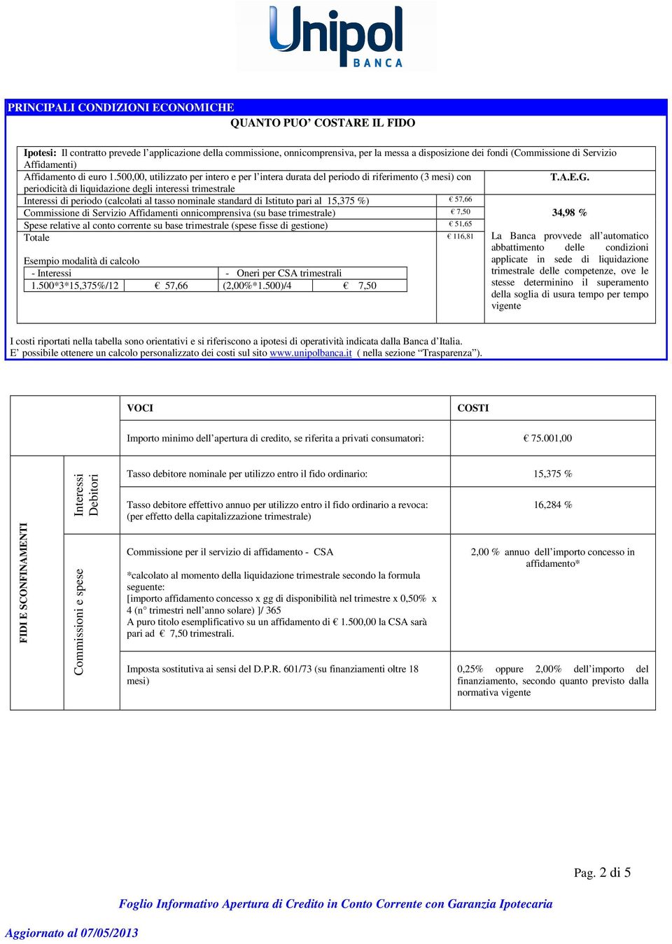 periodicità di liquidazione degli interessi trimestrale Interessi di periodo (calcolati al tasso nominale standard di Istituto pari al 15,375 %) 57,66 Commissione di Servizio Affidamenti