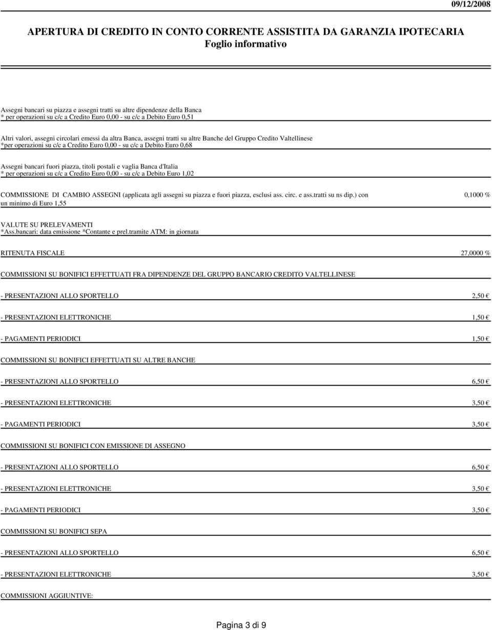 Banca d'italia * per operazioni su c/c a Credito Euro 0,00 - su c/c a Debito Euro 1,02 COMMISSIONE DI CAMBIO ASSEGNI (applicata agli assegni su piazza e fuori piazza, esclusi ass. circ. e ass.