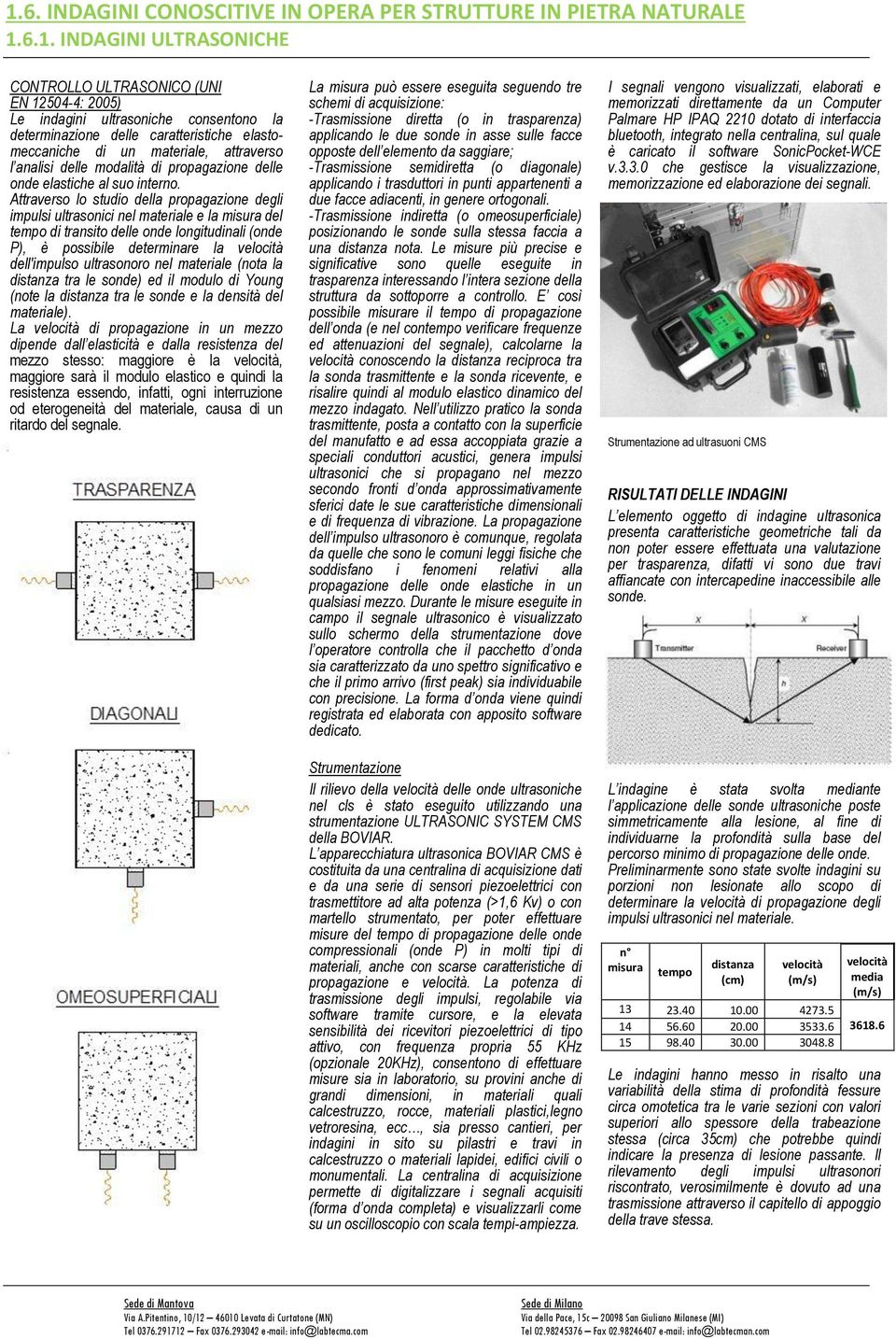 Attraverso lo studio della propagazione degli impulsi ultrasonici nel materiale e la misura del tempo di transito delle onde longitudinali (onde P), è possibile determinare la velocità dell'impulso