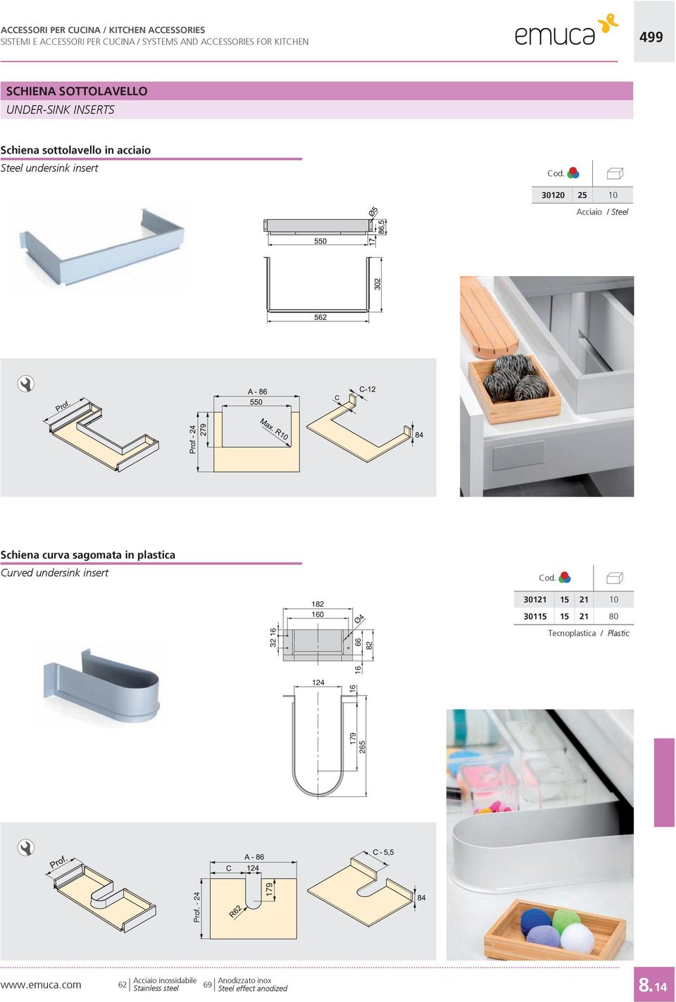 Steel Schiena curva sagomata in plastica Curved undersink insert 182 160 Ø4 30121 15 21 10 30115 15 21 80 32 16 66 82