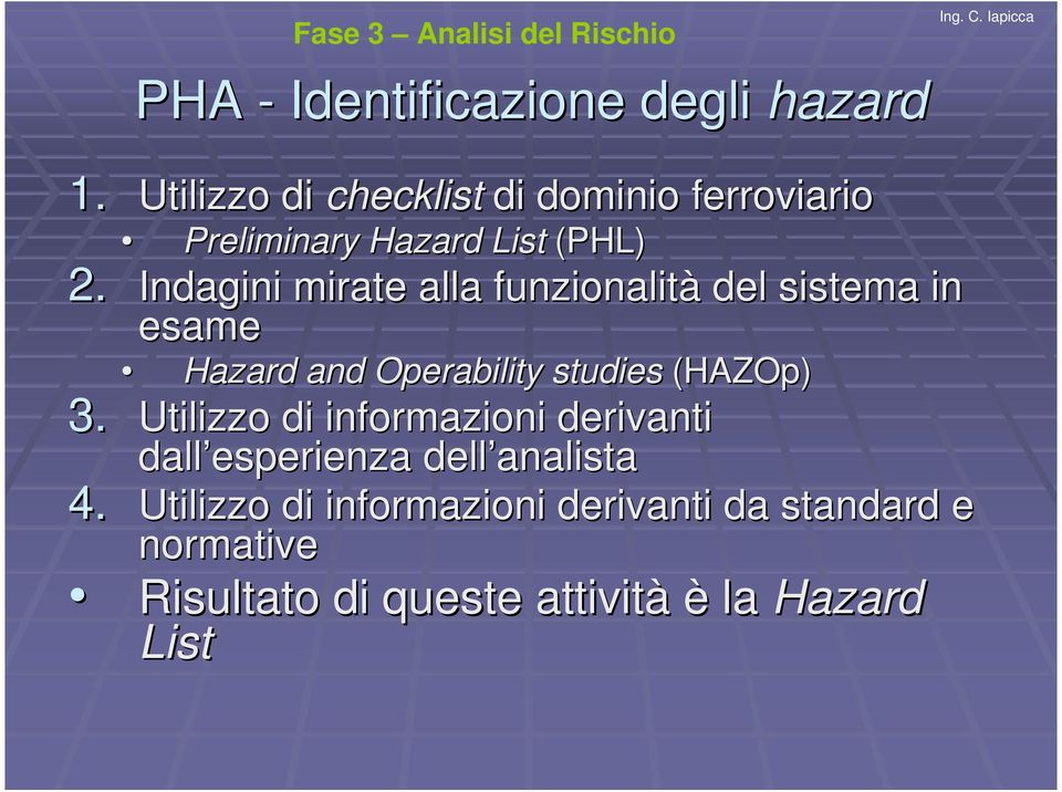 Indagini mirate alla funzionalità del sistema in esame Hazard and Operability studies (HAZOp) 3.