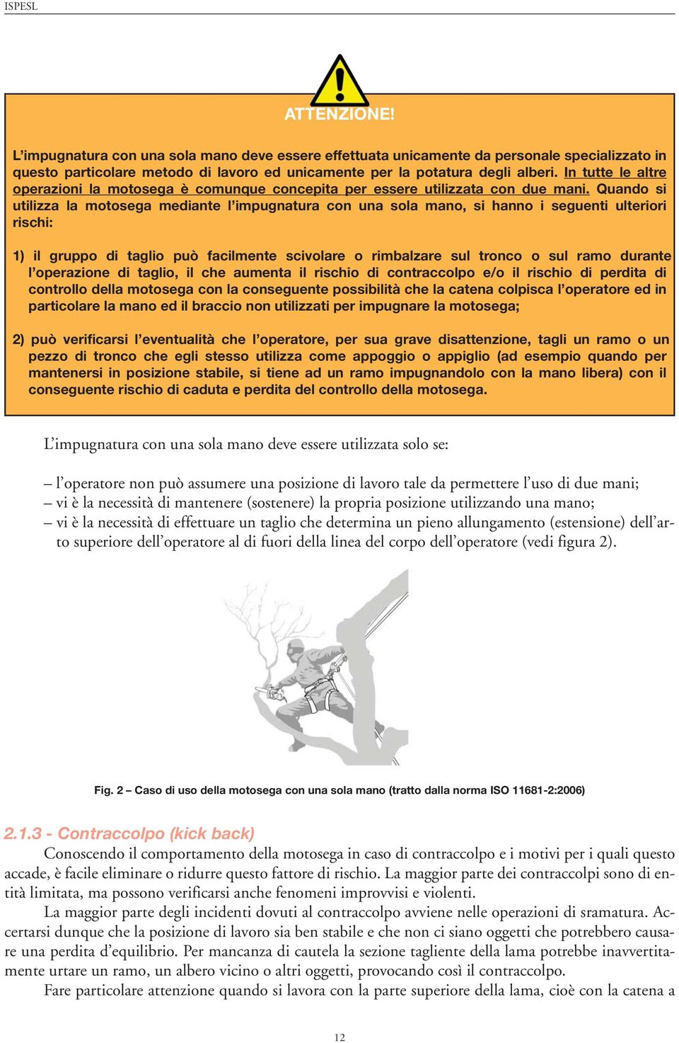 Quando si utilizza la motosega mediante l impugnatura con una sola mano, si hanno i seguenti ulteriori rischi: 1) il gruppo di taglio può facilmente scivolare o rimbalzare sul tronco o sul ramo