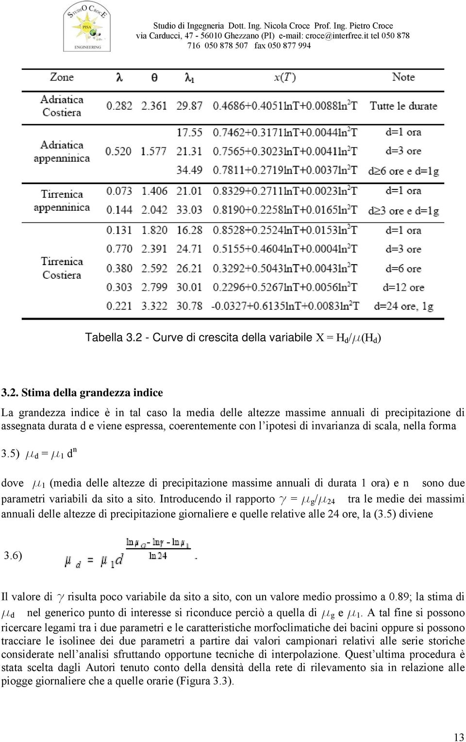 Stima della grandezza indice La grandezza indice è in tal caso la media delle altezze massime annuali di precipitazione di assegnata durata d e viene espressa, coerentemente con l ipotesi di