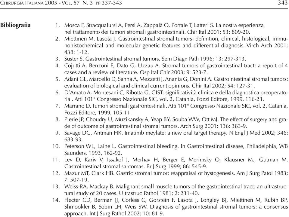 Gastrointestinal stromal tumors: definition, clinical, histological, immunohistochemical and molecular genetic features and differential diagnosis. Virch Arch 2001; 438: 1-12. 3. Suster S.