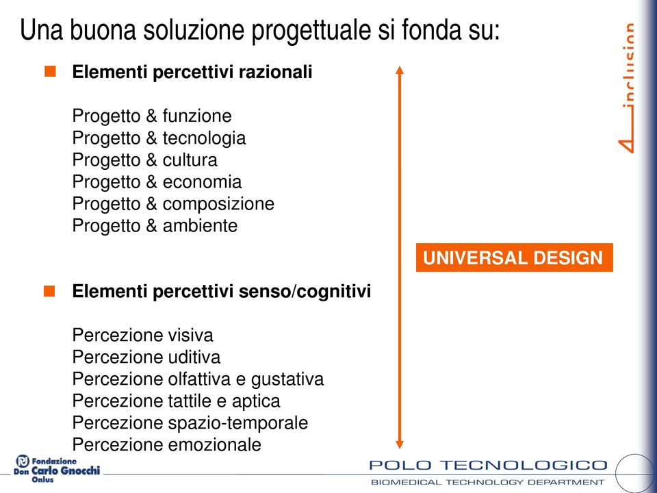 ambiente UNIVERSAL DESIGN Elementi percettivi senso/cognitivi Percezione visiva Percezione uditiva