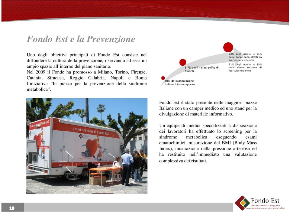 Fondo Est è stato presente nelle maggiori piazze Italiane con un camper medico ed uno stand per la divulgazione di materiale informativo.