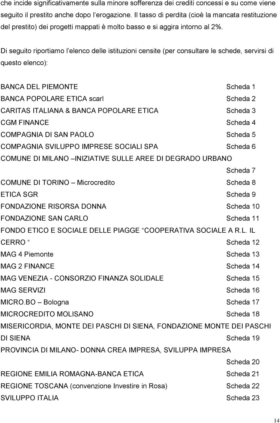 Di seguito riportiamo l elenco delle istituzioni censite (per consultare le schede, servirsi di questo elenco): BANCA DEL PIEMONTE Scheda 1 BANCA POPOLARE ETICA scarl Scheda 2 CARITAS ITALIANA &