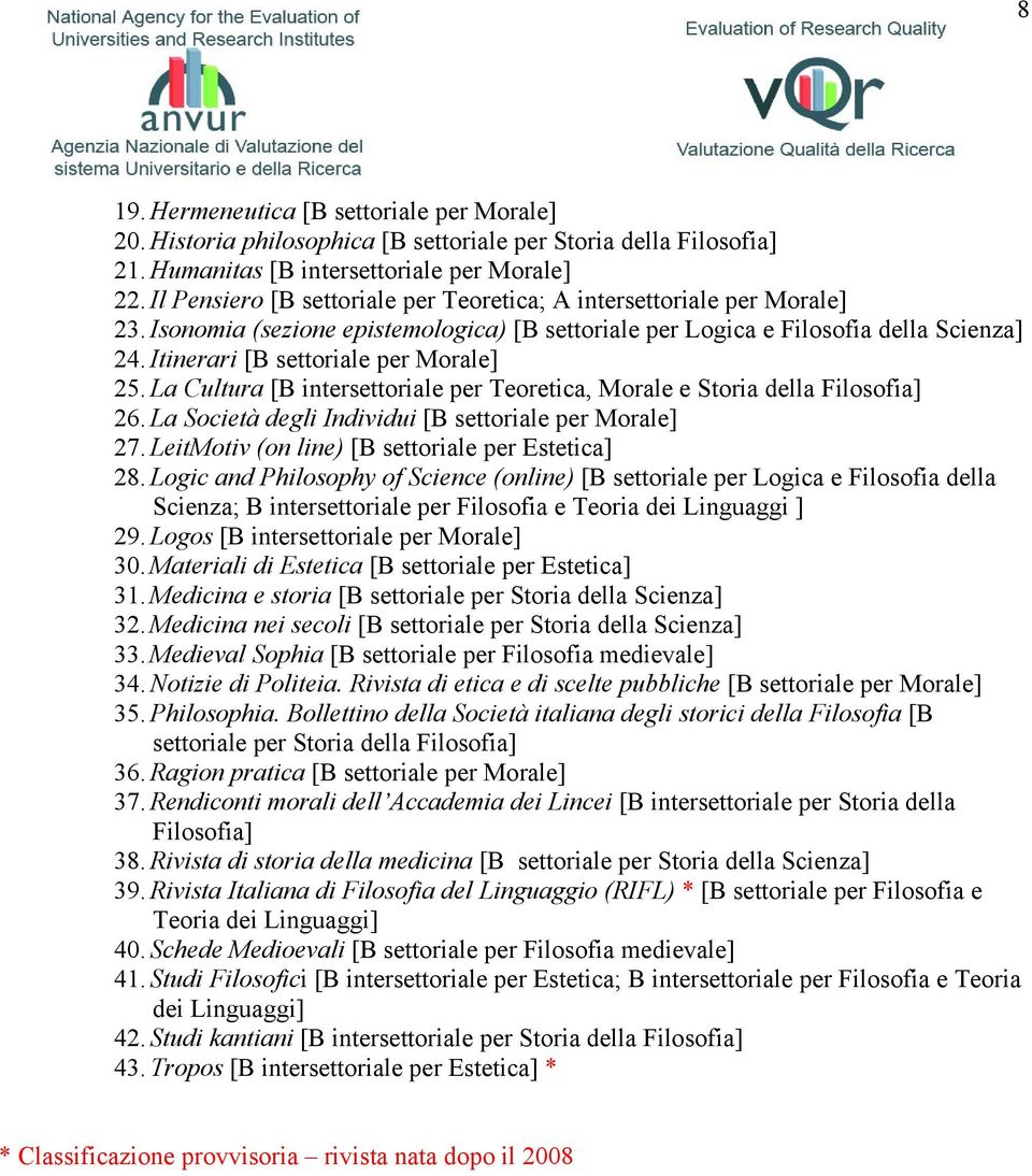 Itinerari [B settoriale per Morale] 25. La Cultura [B intersettoriale per Teoretica, Morale e Storia della Filosofia] 26. La Società degli Individui [B settoriale per Morale] 27.