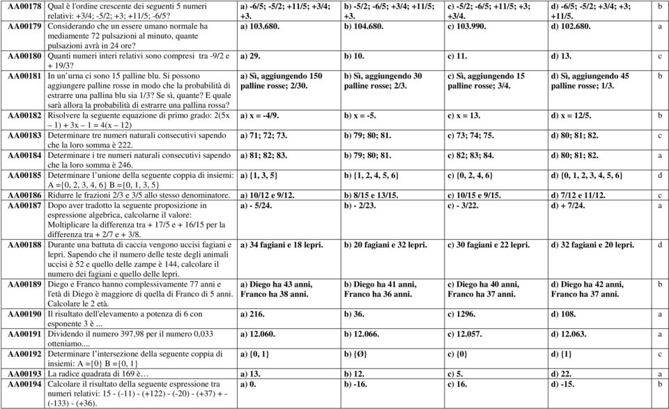 AA00180 Quanti numeri interi relativi sono compresi tra -9/2 e a) 29. b) 10. c) 11. d) 13. c + 19/3? AA00181 In un urna ci sono 15 palline blu.