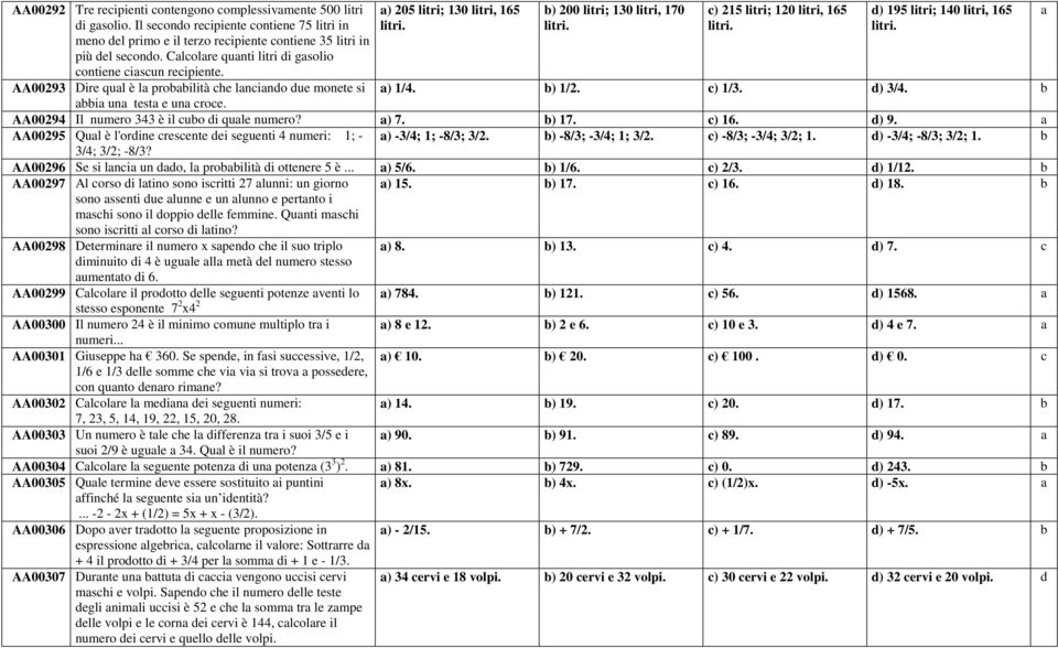 b) 200 litri; 130 litri, 170 litri. c) 215 litri; 120 litri, 165 litri. d) 195 litri; 140 litri, 165 litri. a) 1/4. b) 1/2. c) 1/3. d) 3/4. b AA00294 Il numero 343 è il cubo di quale numero? a) 7.