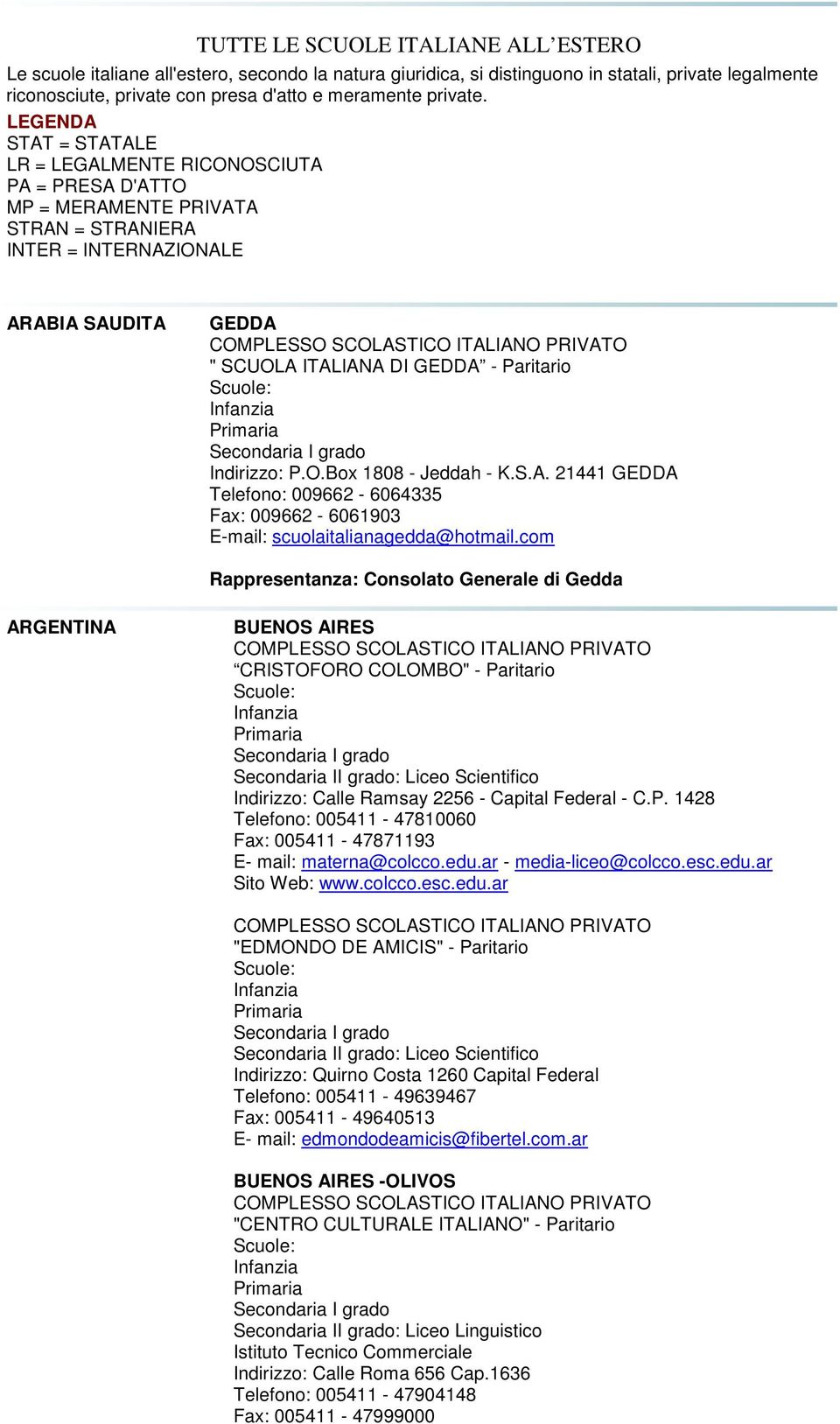 LEGENDA STAT = STATALE LR = LEGALMENTE RICONOSCIUTA PA = PRESA D'ATTO MP = MERAMENTE PRIVATA STRAN = STRANIERA INTER = INTERNAZIONALE ARABIA SAUDITA GEDDA COMPLESSO SCOLASTICO ITALIANO PRIVATO "