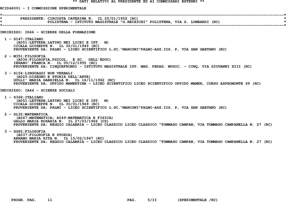 IL 30/01/1949 (RC) PROVENIENTE DA: PALMI - LICEO SCIENTIFICO L.SC."MARCONI"PALMI-ASS.IIS. P, VIA SAN GAETANO (RC) 2 - M351:FILOSOFIA (A036:FILOSOFIA,PSICOL. E SC. DELL'EDUC) IERANO' FRANCA N.