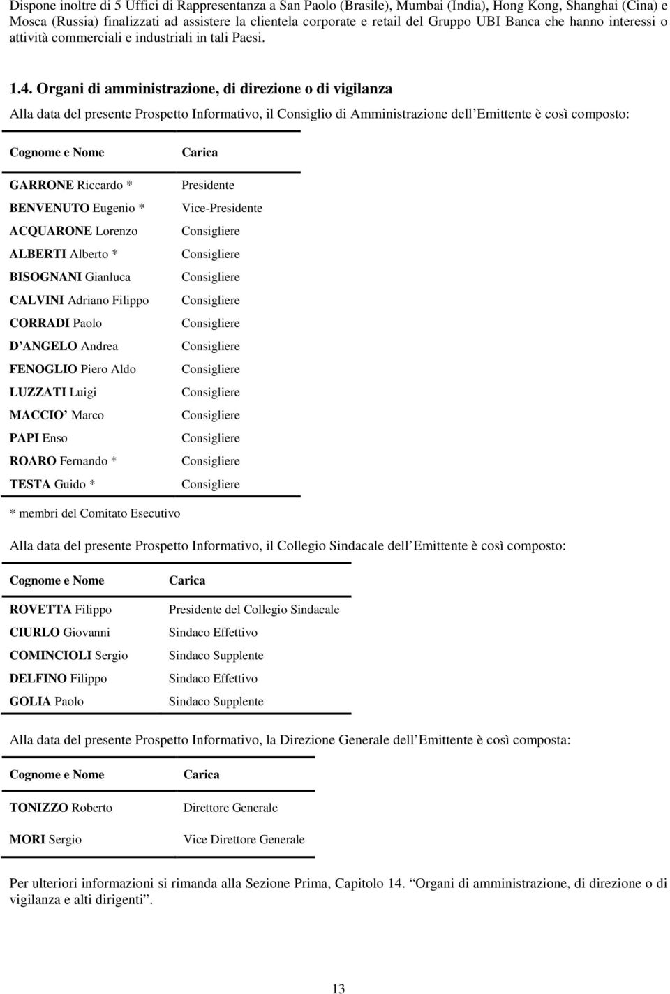 Organi di amministrazione, di direzione o di vigilanza Alla data del presente Prospetto Informativo, il Consiglio di Amministrazione dell Emittente è così composto: Cognome e Nome GARRONE Riccardo *