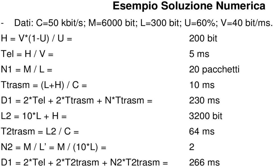 H = V*(1-U) / U = 200 bit Tel = H / V = 5 ms N1 = M / L = 20 pacchetti Ttrasm = (L+H) /