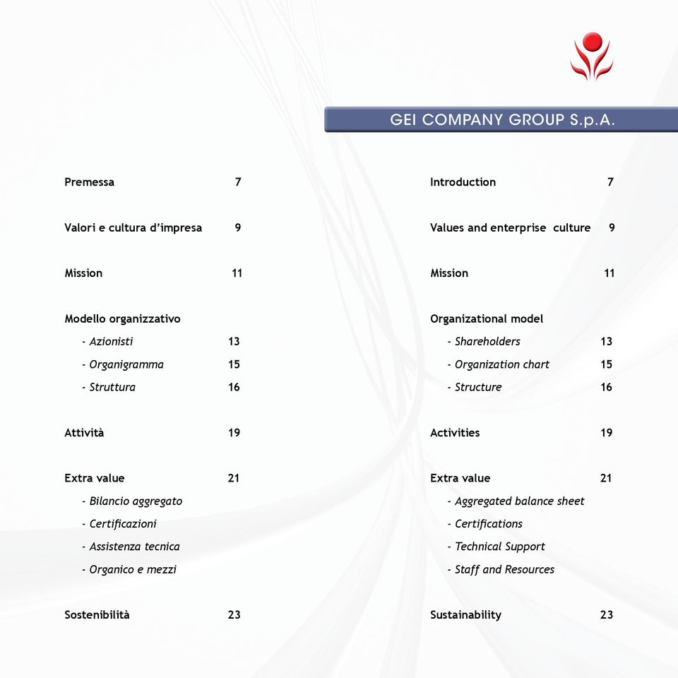 Premessa 7 Introduction 7 Valori e cultura d impresa 9 Values and enterprise culture 9 Mission 11 Mission 11 Modello organizzativo -