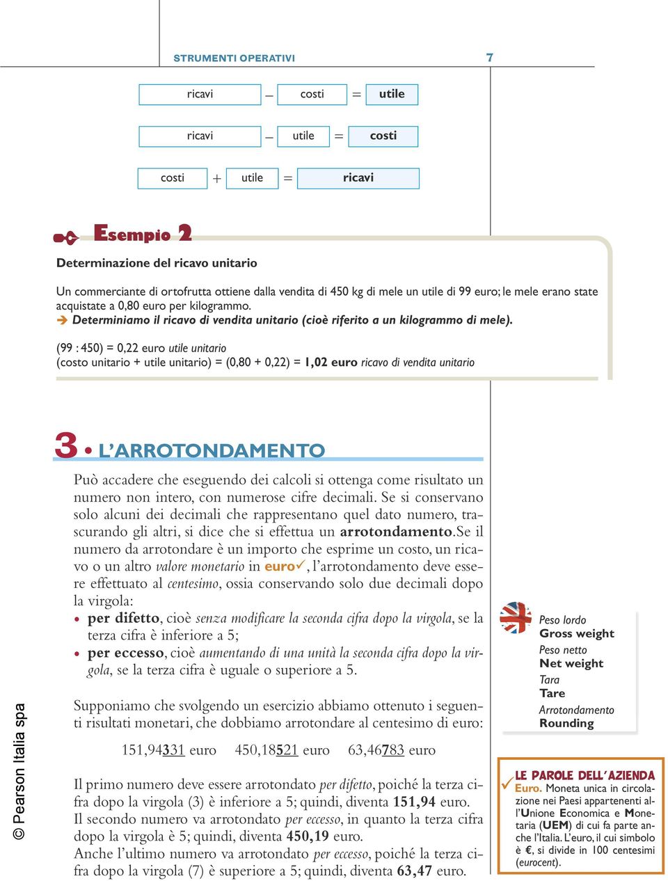 (99 : 450) = 0,22 euro utile unitario (costo unitario + utile unitario) = (0,80 + 0,22) =,02 euro ricavo di vendita unitario 3 L ARROTONDAMENTO Può accadere che eseguendo dei calcoli si ottenga come