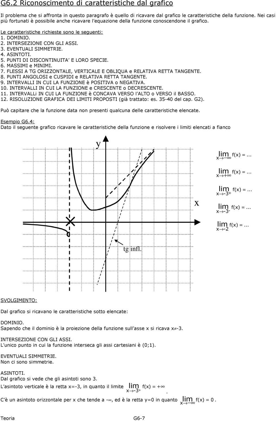 DISCONTINUITA E LORO SPECIE 6 MASSIMI e MINIMI 7 FLESSI A TG ORIZZONTALE, VERTICALE E OBLIQUA e RELATIVA RETTA TANGENTE 8 PUNTI ANGOLOSI e CUSPIDI e RELATIVA RETTA TANGENTE 9 INTERVALLI IN CUI LA