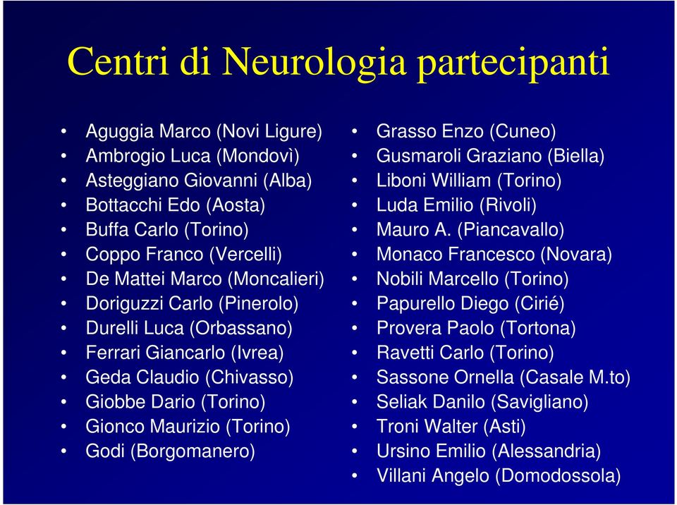 (Borgomanero) Grasso Enzo (Cuneo) Gusmaroli Graziano (Biella) Liboni William (Torino) Luda Emilio (Rivoli) Mauro A.