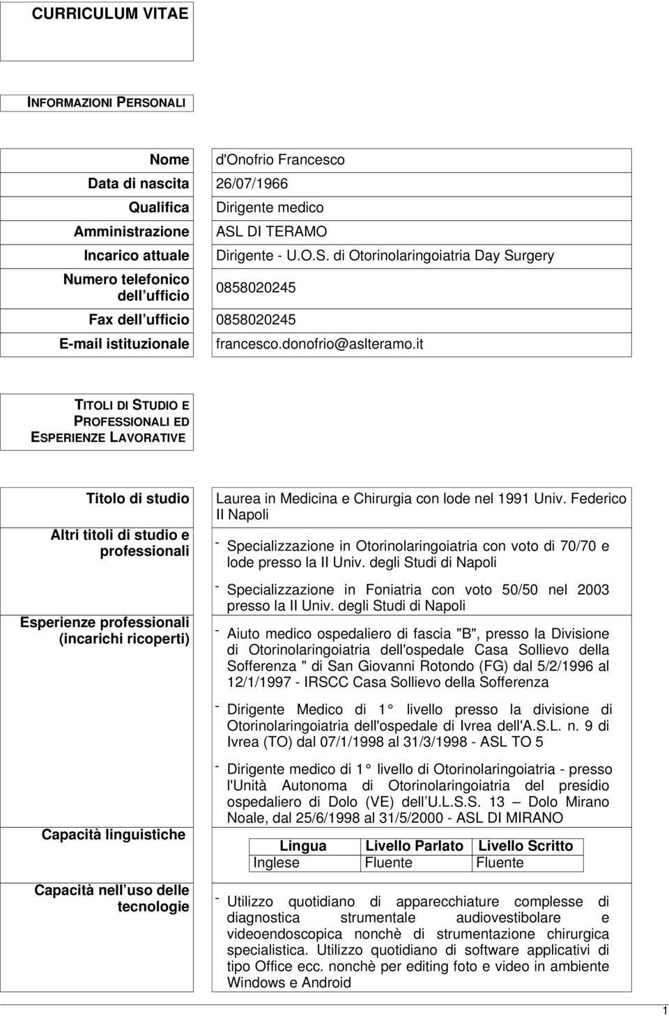 it TITOLI DI STUDIO E PROFESSIONALI ED ESPERIENZE LAVORATIVE Titolo di studio Altri titoli di studio e professionali Esperienze professionali (incarichi ricoperti) Capacità linguistiche Capacità nell