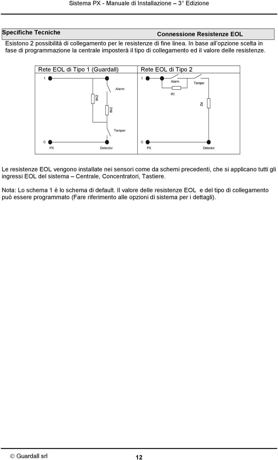 Rete EOL di Tipo 1 (Guardall) Rete EOL di Tipo 2 1 1 Alarm Tamper Alarm 8K2 R1 R2 8k2 Tamper C C PX Detector PX Detector Le resistenze EOL vengono installate nei sensori come da