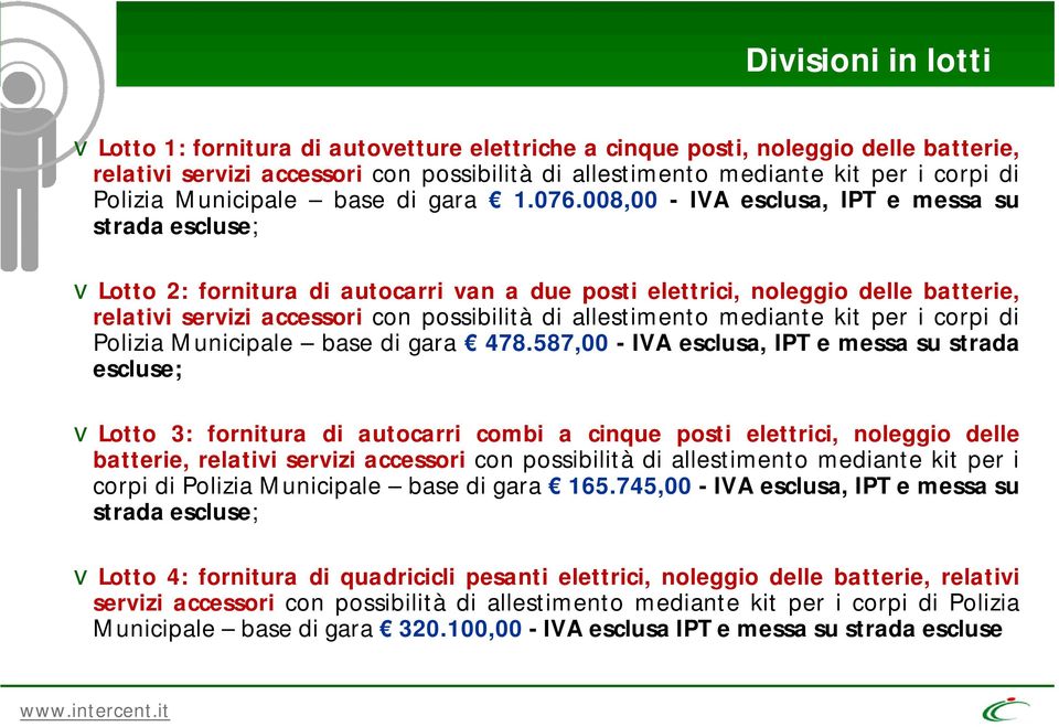 008,00 - IVA esclusa, IPT e messa su strada escluse; vlotto 2: fornitura di autocarri van a due posti elettrici, noleggio delle batterie, relativi servizi accessori con possibilità di allestimento