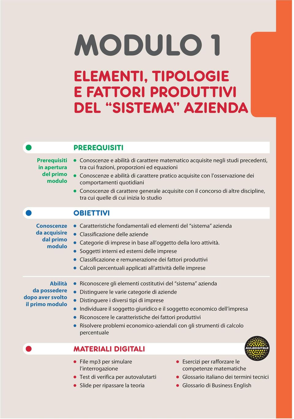 con il concorso di altre discipline, tra cui quelle di cui inizia lo studio OBIETTIVI Conoscenze da acquisire dal primo modulo Caratteristiche fondamentali ed elementi del sistema azienda