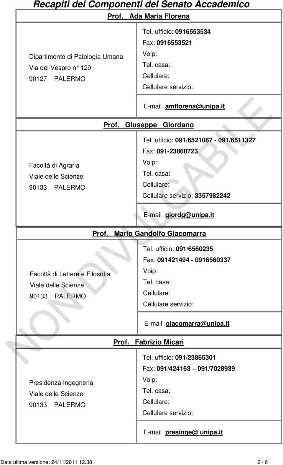 it Prof. Mario Gandolfo Giacomarra Facoltà di Lettere e Filosofia 091/6560235 091421494-0916560337 E-mail giacomarra@unipa.it Prof. Fabrizio Micari Presidenza Ingegneria 091/23865301 091/424163 091/7028939 E-mail presinge@ unipa.