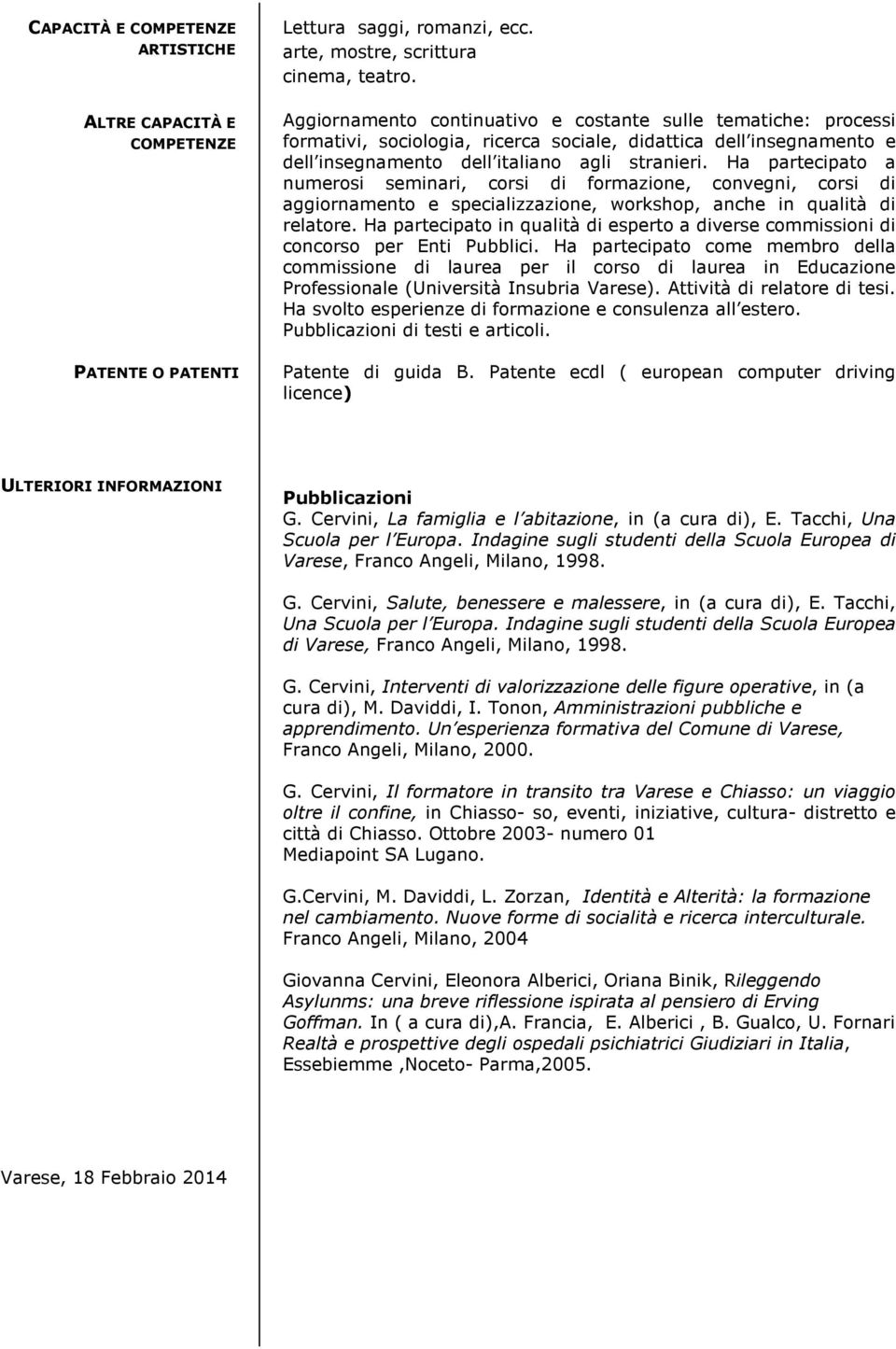 Ha partecipato a numerosi seminari, corsi di formazione, convegni, corsi di aggiornamento e specializzazione, workshop, anche in qualità di relatore.