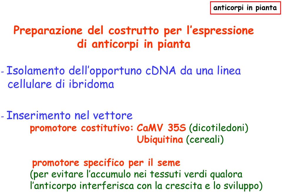 costitutivo: CaMV 35S (dicotiledoni) Ubiquitina (cereali) promotore specifico per il seme (per