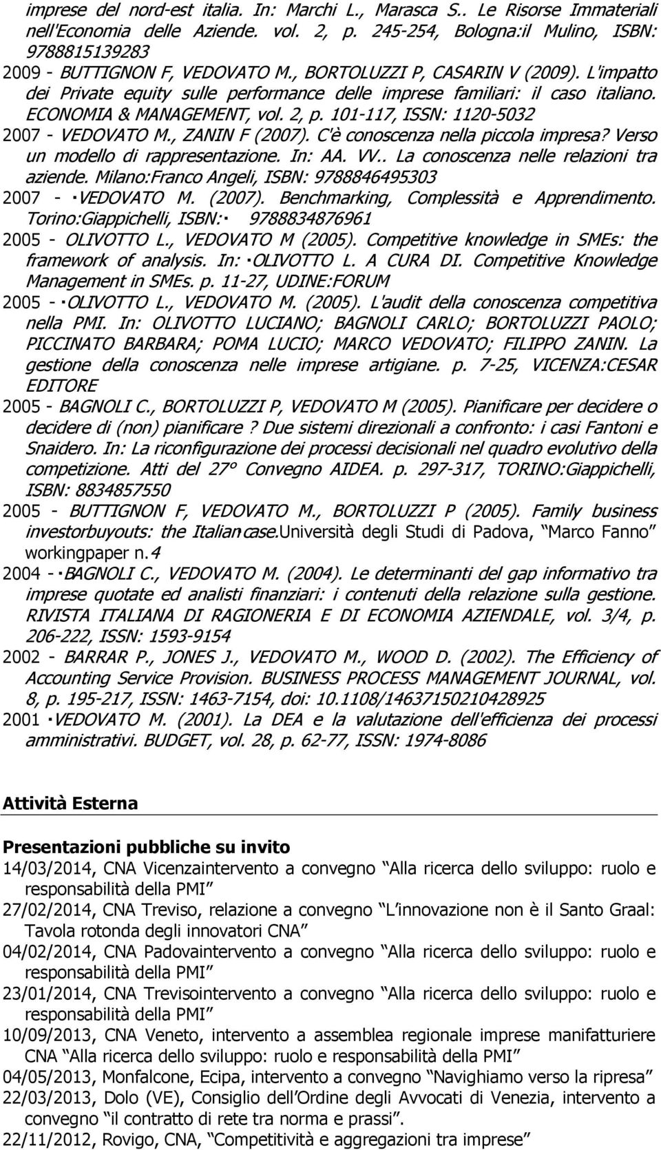 101-117, ISSN: 1120-5032 2007 - VEDOVATO M., ZANIN F (2007). C'è conoscenza nella piccola impresa? Verso un modello di rappresentazione. In: AA. VV.. La conoscenza nelle relazioni tra aziende.