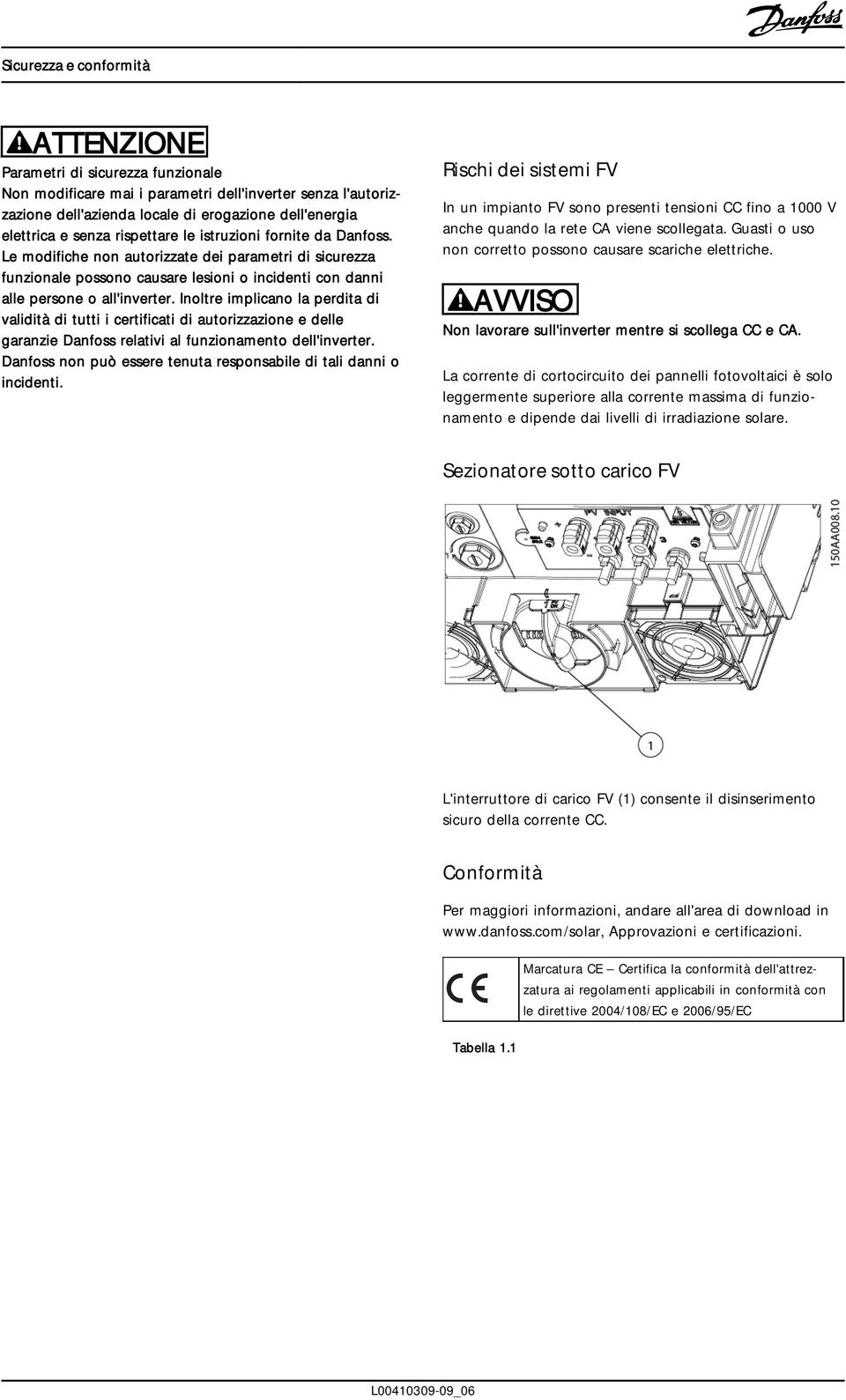 Inoltre implicano la perdita di validità di tutti i certificati di autorizzazione e delle garanzie Danfoss relativi al funzionamento dell'inverter.