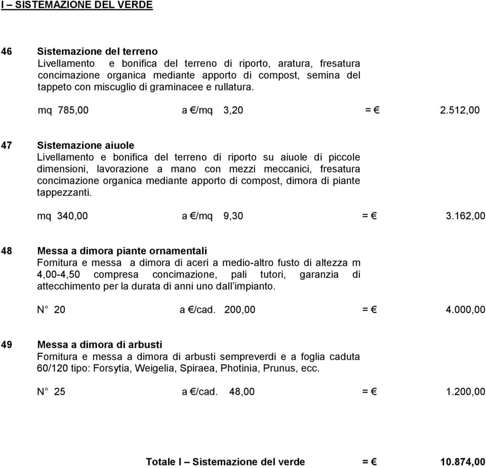 512,00 47 Sistemazione aiuole Livellamento e bonifica del terreno di riporto su aiuole di piccole dimensioni, lavorazione a mano con mezzi meccanici, fresatura concimazione organica mediante apporto