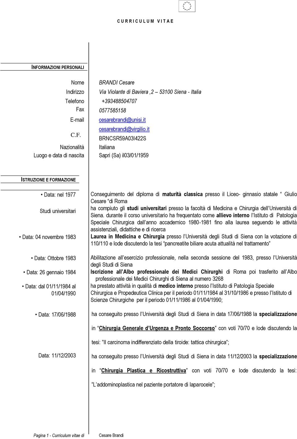 it BRNCSR59A03I422S Italiana Sapri (Sa) il03/01/1959 ISTRUZIONE E FORMAZIONE Data: nel 1977 Studi universitari Data: 04 novembre 1983 Data: Ottobre 1983 Data: 26 gennaio 1984 Data: dal 01/11/1984 al