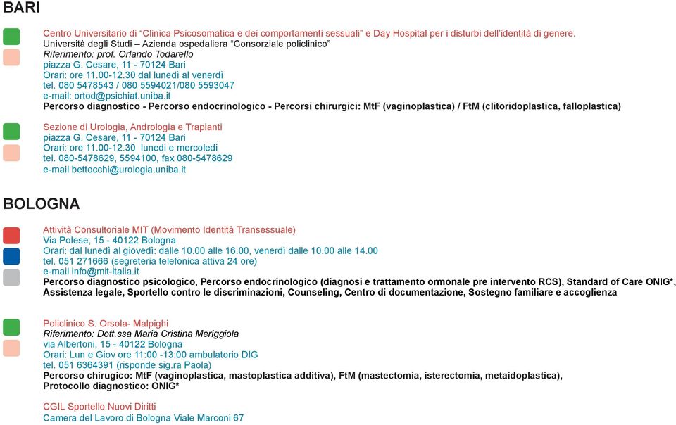 Cesare, 11-70124 Bari Orari: ore 11.00-12.30 lunedi e mercoledi tel. 080-5478629, 5594100, fax 080-5478629 e-mail bettocchi@urologia.uniba.