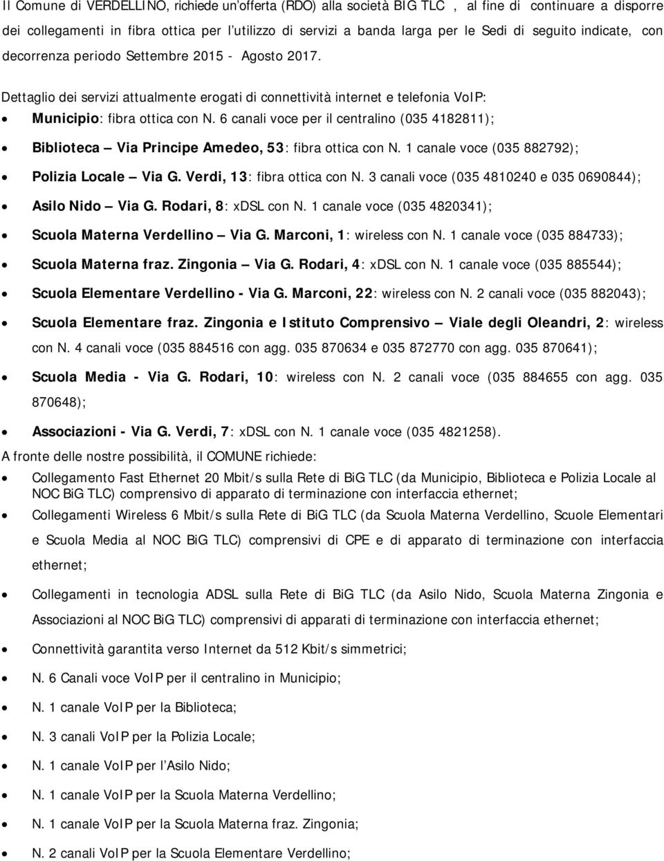 6 canali voce per il centralino (035 4182811); Biblioteca Via Principe Amedeo, 53: fibra ottica con N. 1 canale voce (035 882792); Polizia Locale Via G. Verdi, 13: fibra ottica con N.