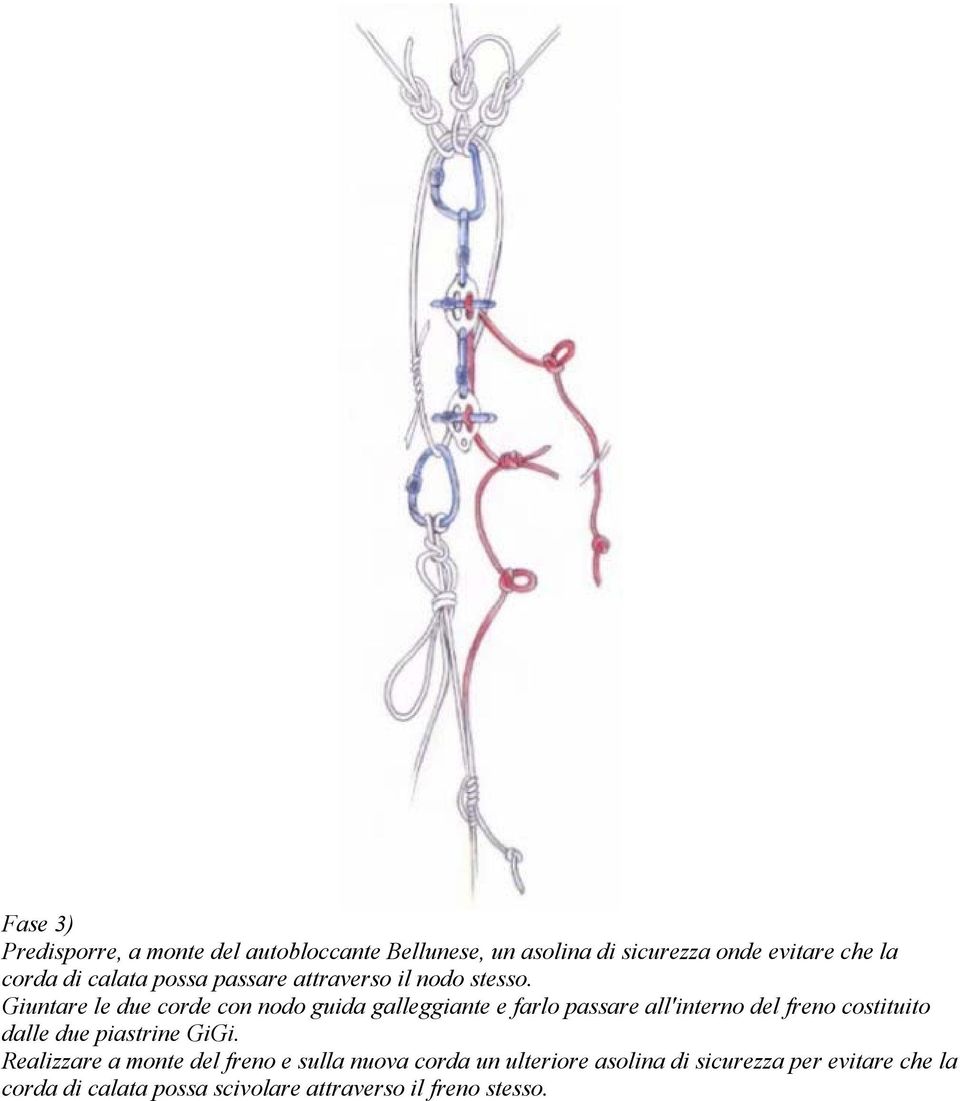 Giuntare le due corde con nodo guida galleggiante e farlo passare all'interno del freno costituito dalle due