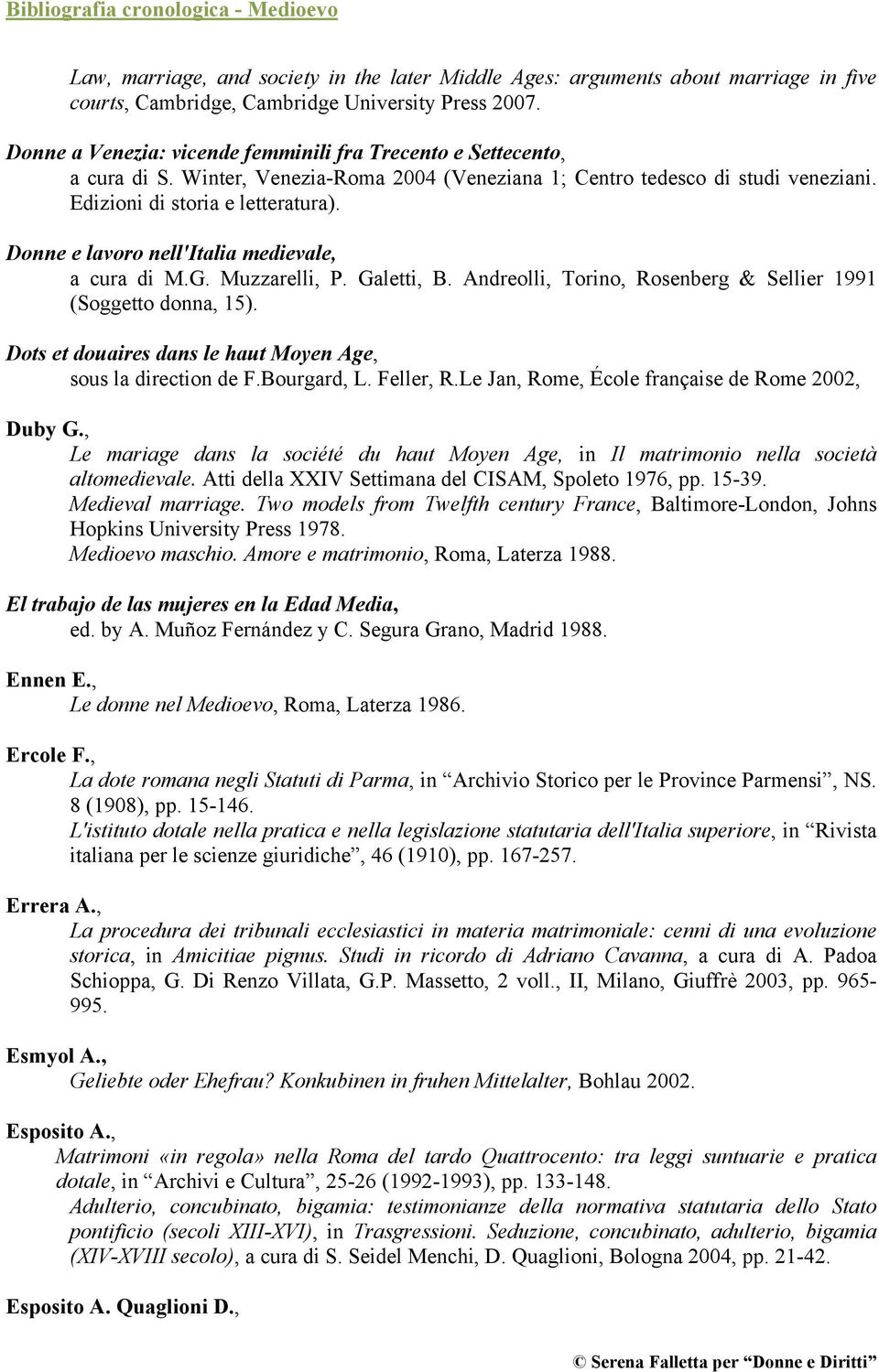 Donne e lavoro nell'italia medievale, a cura di M.G. Muzzarelli, P. Galetti, B. Andreolli, Torino, Rosenberg & Sellier 1991 (Soggetto donna, 15).