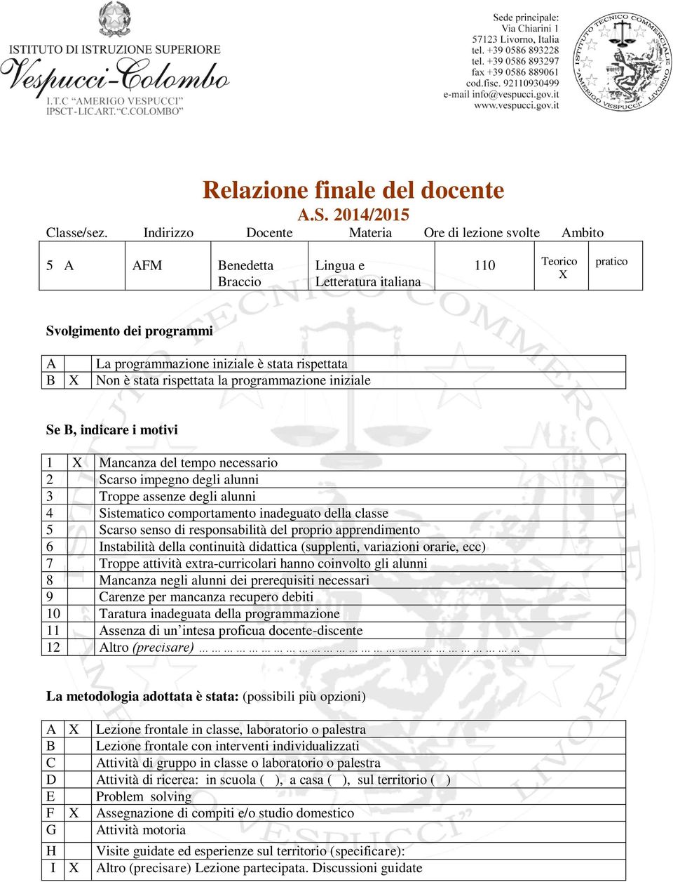 rispettata Non è stata rispettata la programmazione iniziale Se, indicare i motivi 1 X Mancanza del tempo necessario 2 Scarso impegno degli alunni 3 Troppe assenze degli alunni 4 Sistematico