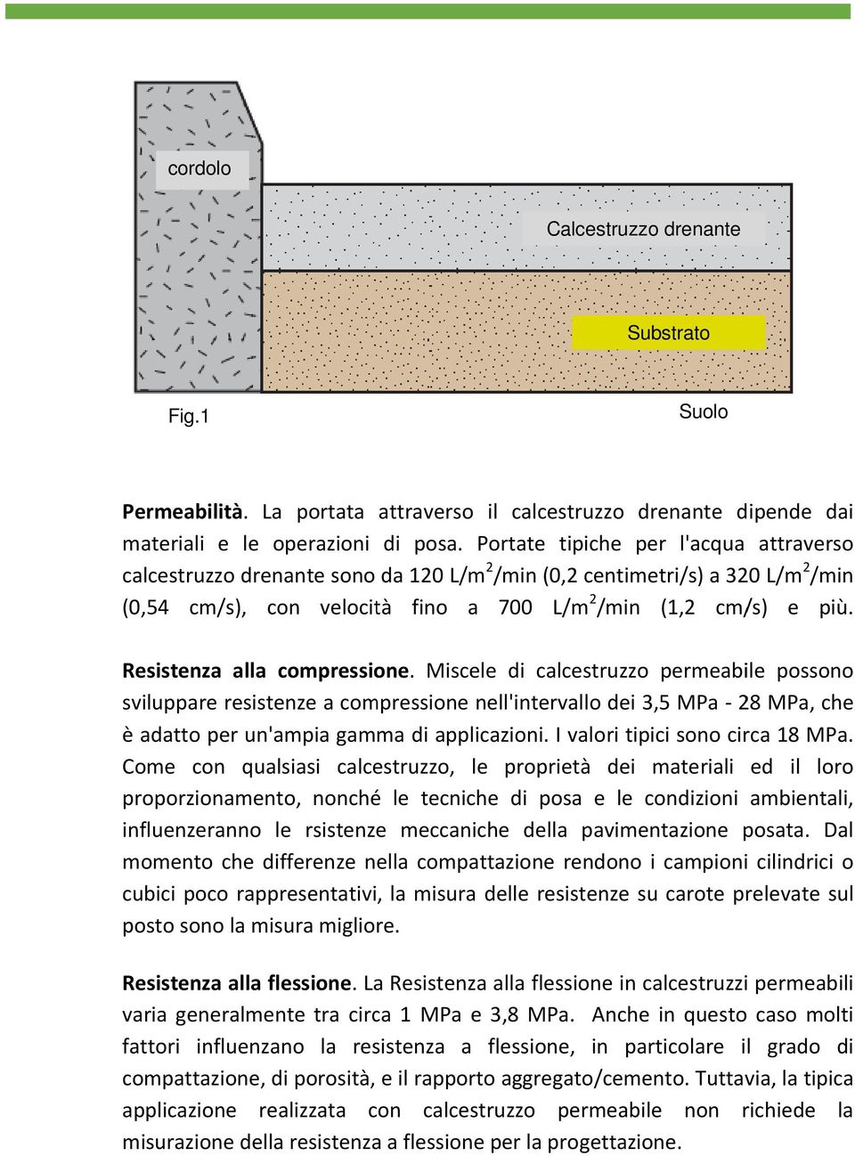 Resistenza alla compressione.. Miscele di calcestruzzo permeabile possono sviluppare resistenze a compressione nell'intervallo dei 3,5 MPa - 28 MPa, che è adatto per un'ampia gamma di applicazioni.