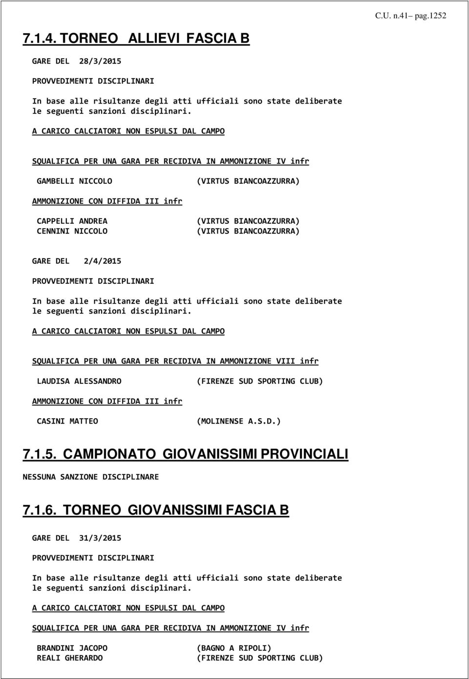 NICCOLO (VIRTUS BIANCOAZZURRA) (VIRTUS BIANCOAZZURRA) GARE DEL 2/4/2015 PROVVEDIMENTI DISCIPLINARI In base alle risultanze degli atti ufficiali sono state deliberate le seguenti sanzioni disciplinari.