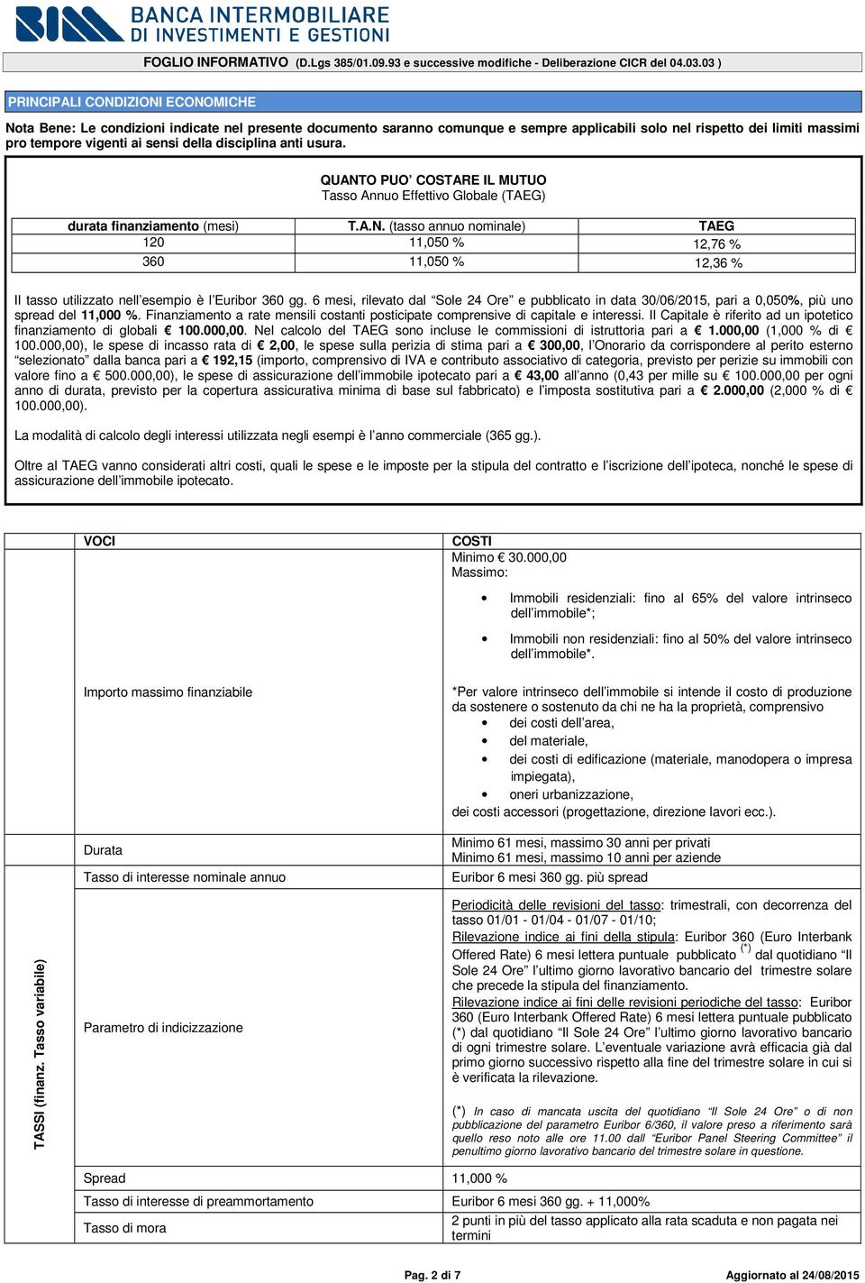 6 mesi, rilevato dal Sole 24 Ore e pubblicato in data 30/06/2015, pari a 0,050%, più uno spread del 11,000 %. Finanziamento a rate mensili costanti posticipate comprensive di capitale e interessi.