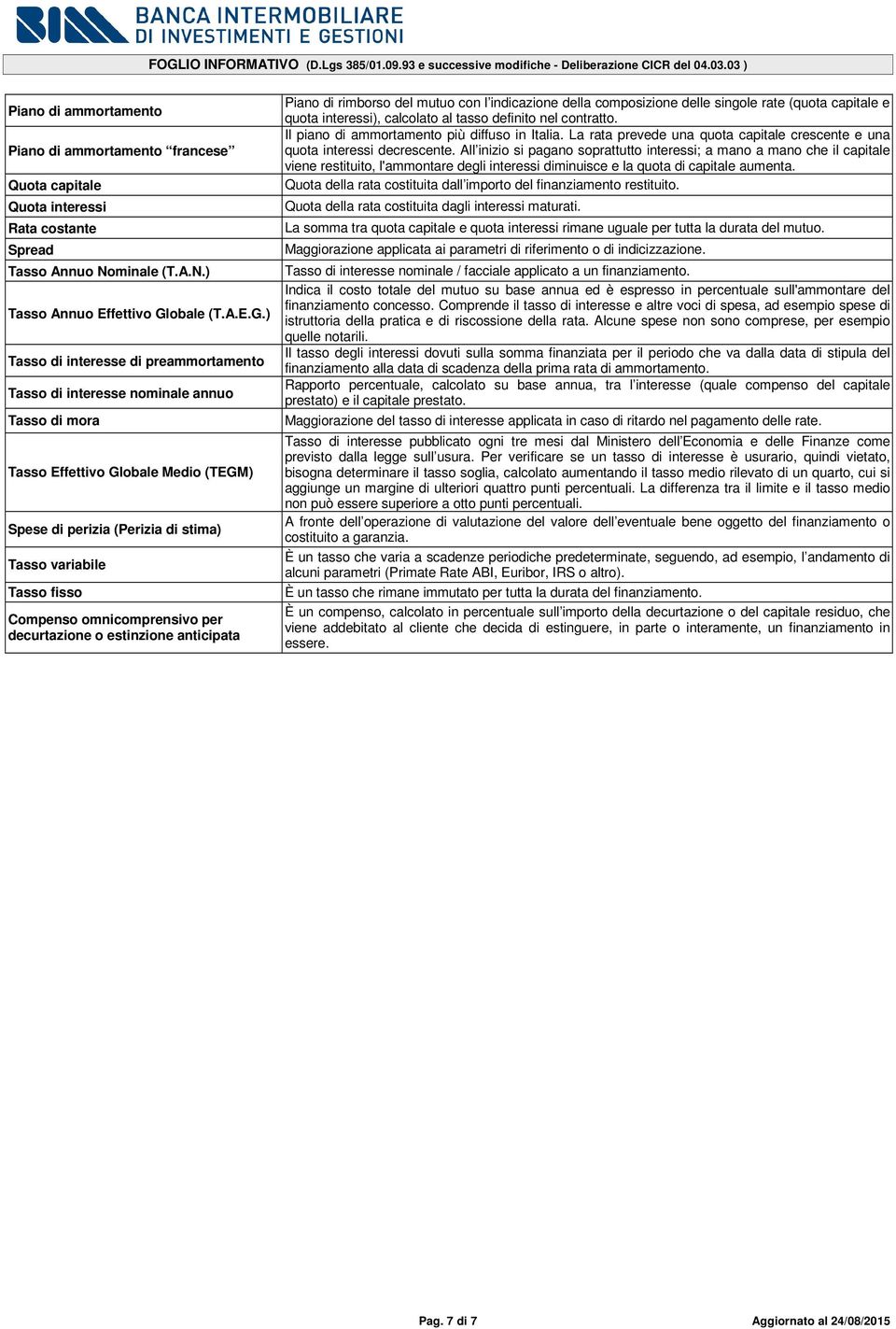 ) Tasso di interesse di preammortamento Tasso di interesse nominale annuo Tasso di mora Tasso Effettivo Globale Medio (TEGM) Spese di perizia (Perizia di stima) Tasso variabile Tasso fisso Compenso