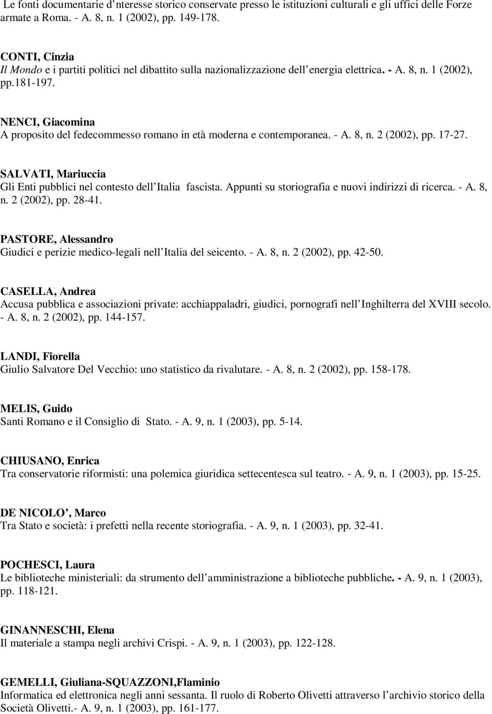 NENCI, Giacomina A proposito del fedecommesso romano in età moderna e contemporanea. - A. 8, n. 2 (2002), pp. 17-27. SALVATI, Mariuccia Gli Enti pubblici nel contesto dell Italia fascista.