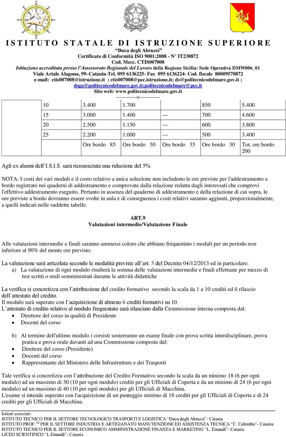 ore bordo 200 NOTA: I costi dei vari moduli e il costo relativo a unica soluzione non includono le ore previste per l'addestramento a bordo registrato nei quaderni di addestramento e comprovate dalla