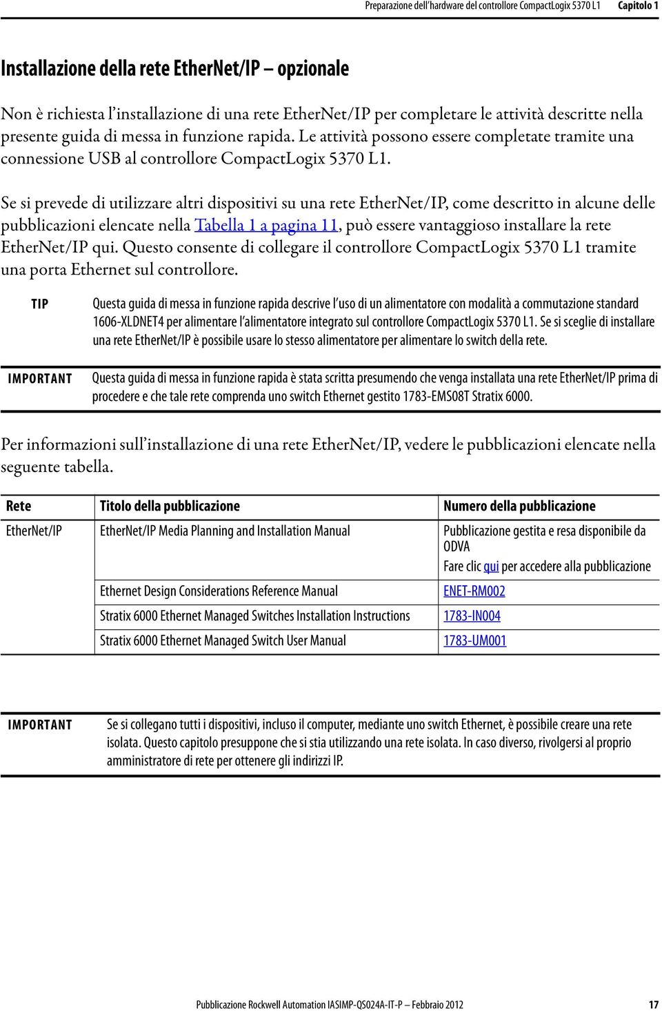 Se si prevede di utilizzare altri dispositivi su una rete EtherNet/IP, come descritto in alcune delle pubblicazioni elencate nella Tabella 1 a pagina 11, può essere vantaggioso installare la rete