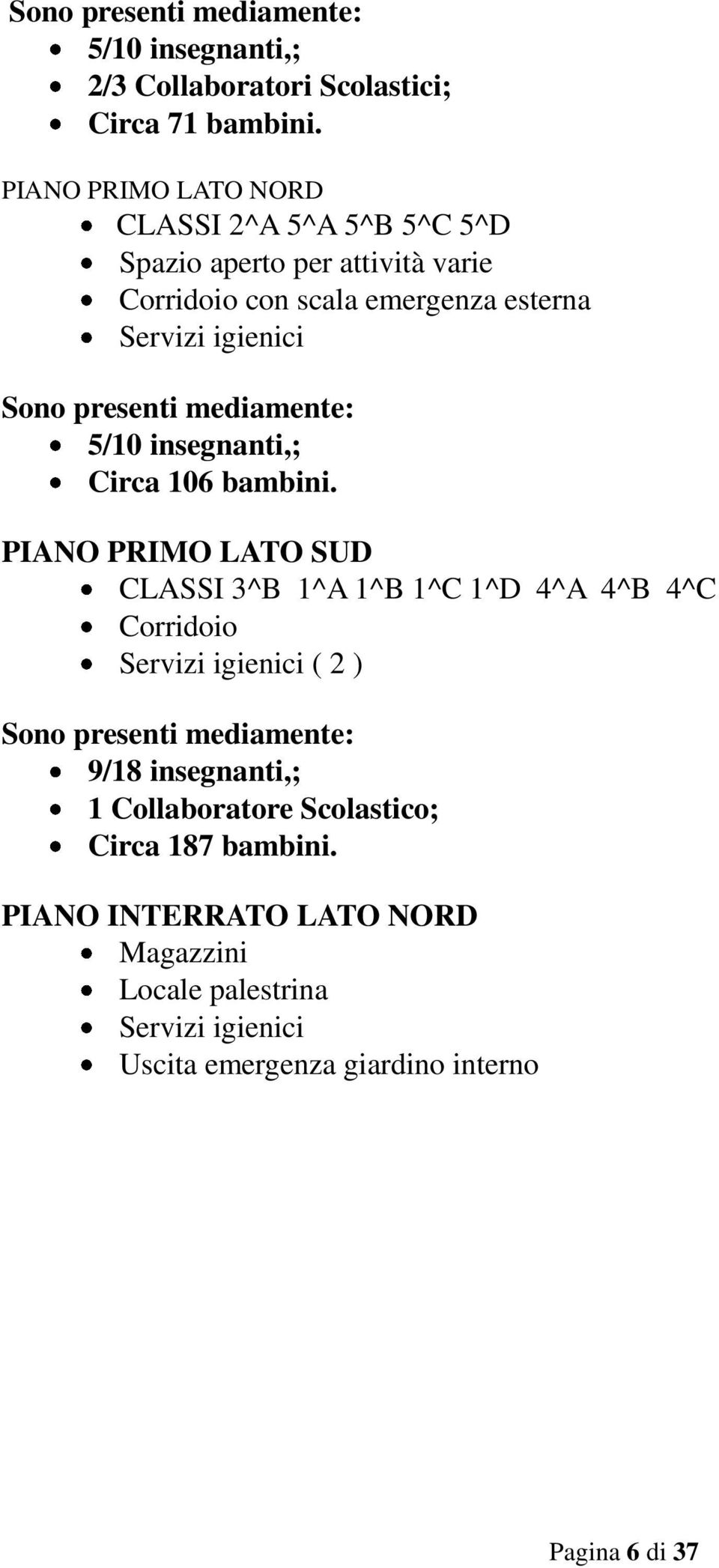 presenti mediamente: 5/10 insegnanti,; Circa 106 bambini.