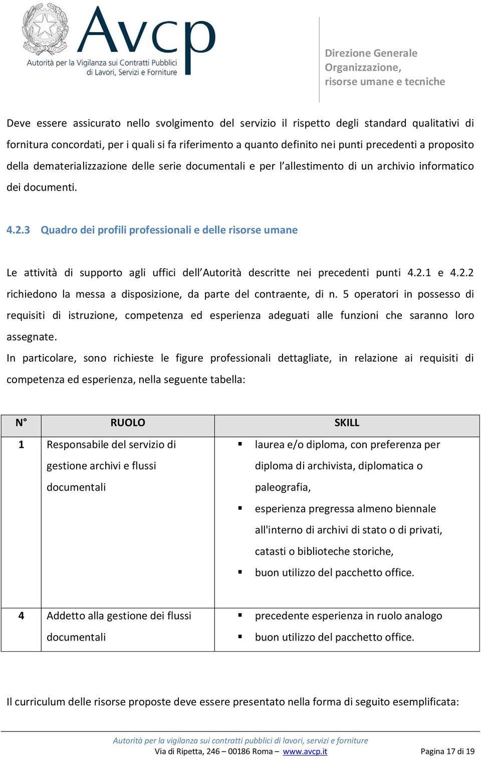 3 Quadro dei profili professionali e delle risorse umane Le attività di supporto agli uffici dell Autorità descritte nei precedenti punti 4.2.