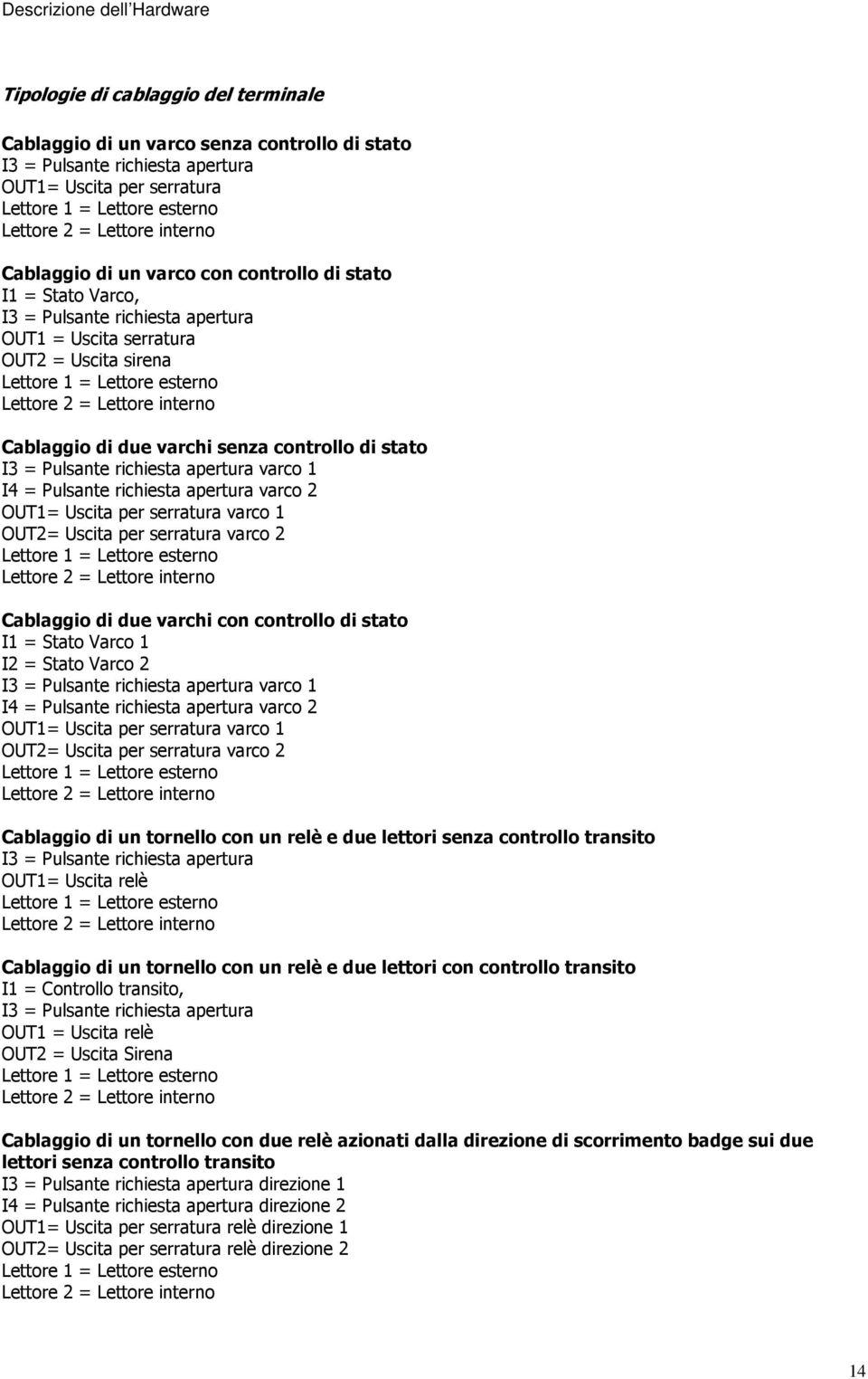 Lettore 2 = Lettore interno Cablaggio di due varchi senza controllo di stato I3 = Pulsante richiesta apertura varco 1 I4 = Pulsante richiesta apertura varco 2 OUT1= Uscita per serratura varco 1 OUT2=